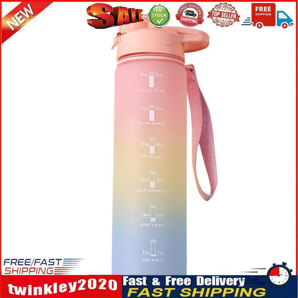 1000ml Sports Water Bottle with Time Marker Outdoor Fitness Cups (Pink) Newly