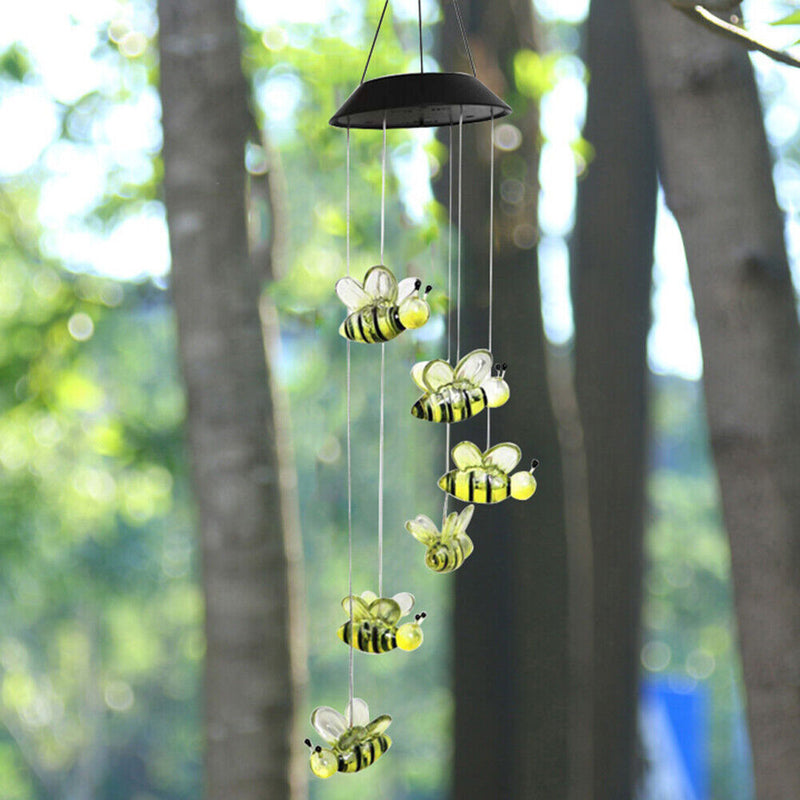 Solar Power Wind Chime Lamps Honey Bee Outdoor Hanging Light Home Garden Decor