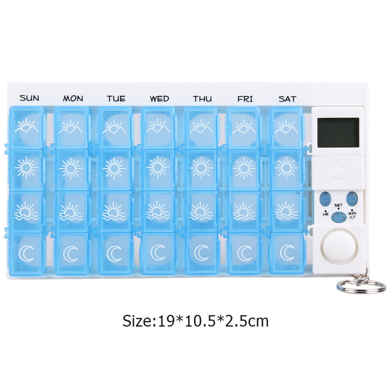 Electronic Medicine Storage Timer Tablet Container Weekly 28-Grid Pill Disp