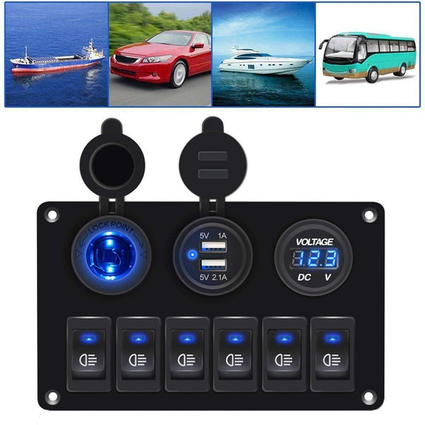 Waterproof For Car RV LED Rocker Switch Panel Dual USB Port 6 Gang 12V/24V