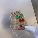 Female Pure Braided Messenger Purse Casual Cherry Handmade Straw Shoulder Bag