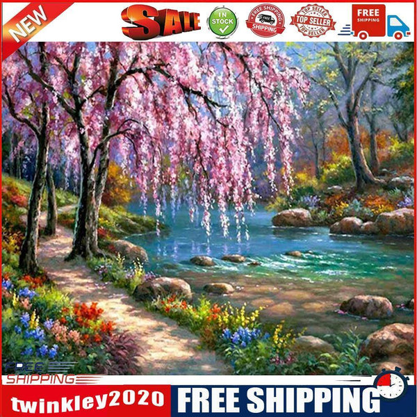 Frameless Oil Paint By Numbers River Flower Trees DIY Canvas Picture Kit