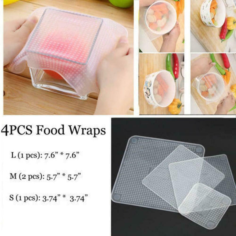 4X Set Reusable Silicon Wraps Cover Stretch and Fresh V5 2019 Kitchen Food S6X2