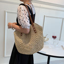 Bohemian Hand Woven Straw Shoulder Tote Bag Women Large Handbags (Beige)