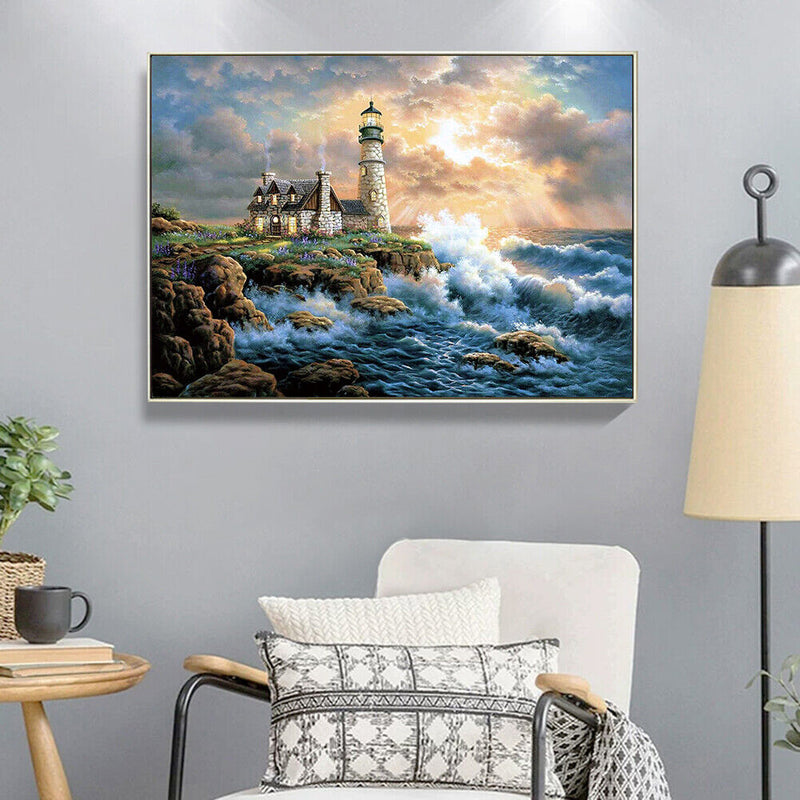 5D DIY Full Drill Diamond Painting Beach Lighthouse Rhinestone Canvas Pictures