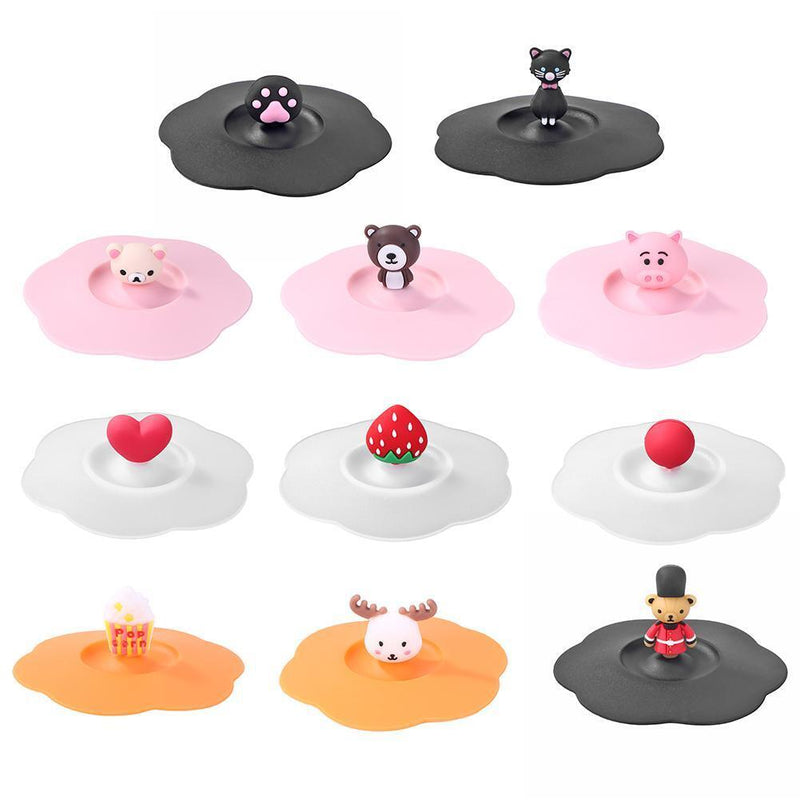 5pcs Silicone Cup Cover Heat-resistant Leak Proof Cartoon Lid (Black Cat)