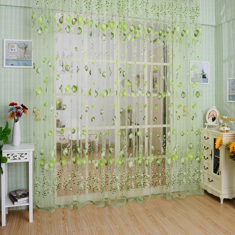 2pcs Tulip Flower Yarn Sheer Window Curtain Scarf Drapes (Green)