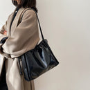 Retro PU Women Solid Color Bucket Bags Drawstring Large Capacity Shoulder Bag