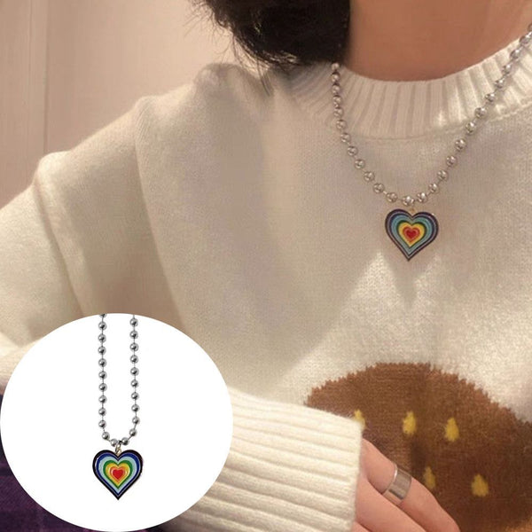 Women Hip Hop Chain Clavicle Chain Heart Shape Necklace Round Bead Necklace