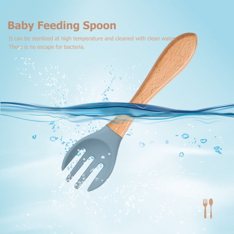 Baby Wooden Silicone Feeding Spoon Toddlers BPA-free Tableware (21) Newly