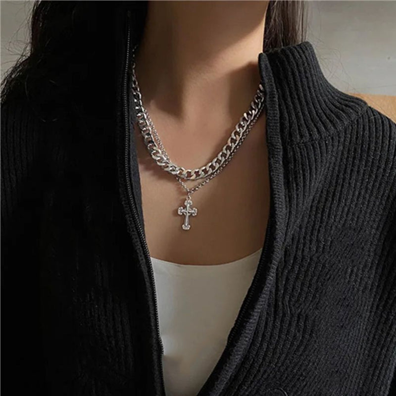 Women Men Clavicle Chain Double-layer Cross Pendant Necklace Cross Shape