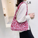 Women Plush Fur Animal Print Handbag Small Underarm Bag (Pink Leopard)