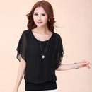 Plus Size Women Bat Short Sleeve Tops Solid Color Chiffon Summer Ruffles Blouse