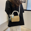 Woven Shoulder Bag Silk Scarf Pleated Travel Messenger Tote Handbag (Khaki)