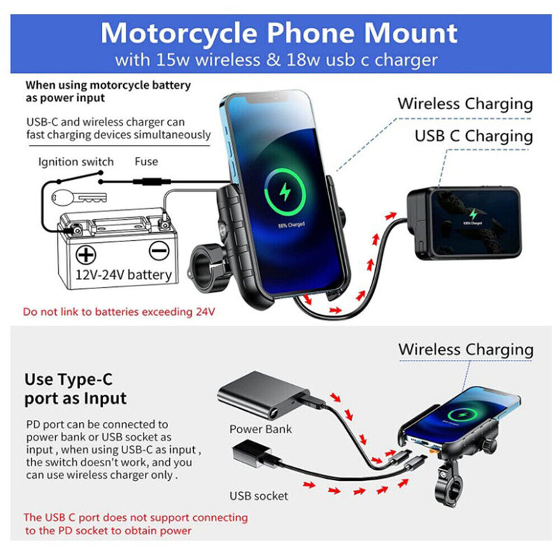 Wireless PD Fast Charging Phone Holder Motorcycle Adjustable Charger Stand Newly