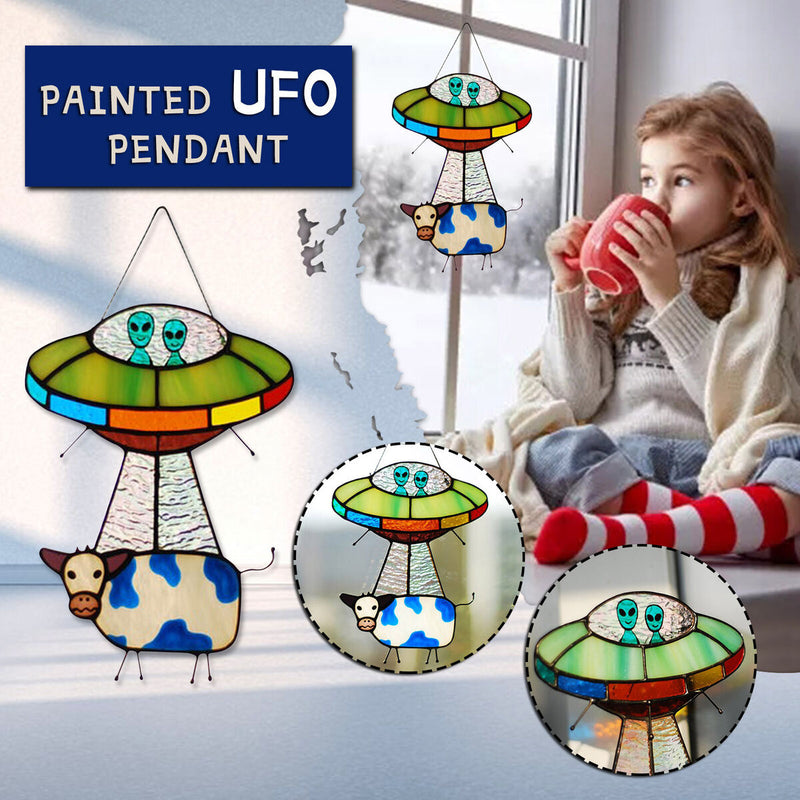 UFO Alien Cow Sign, Window Hanging Suncatcher, Cute Ornaments for Kids Bedroom