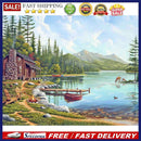 5D Round DIY Full Kit Wood House by Lake Drawing Diamond Drill Painting Art