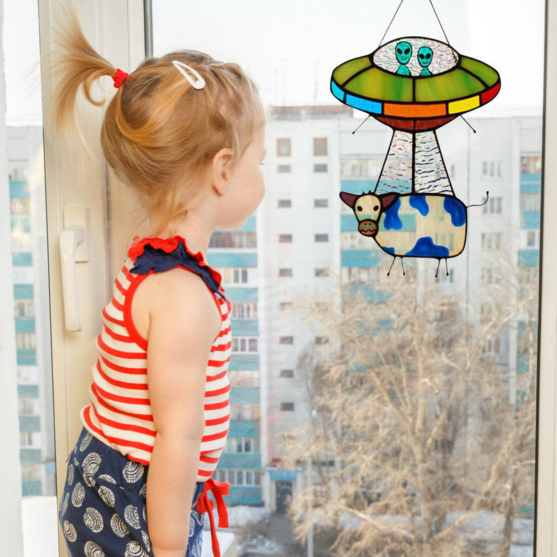 UFO Alien Cow Sign, Window Hanging Suncatcher, Cute Ornaments for Kids Bedroom