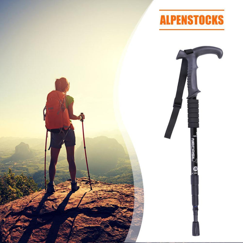 Trekking Pole 4 Sections T Shape Telescopic Hiking Walking Cane (Black)