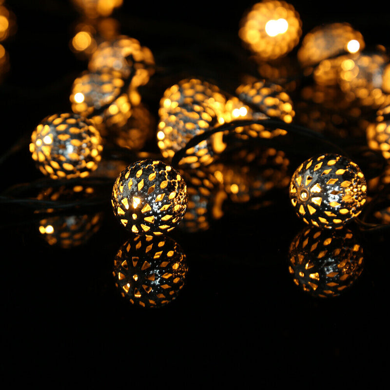 LED Solar String Light Hollow Moroccan Ball Lantern Garden Decor (Warm 7m)