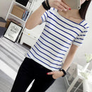 Stripe Print T-shirts Women Summer Square Collar Patchwork Short Sleeve Tops