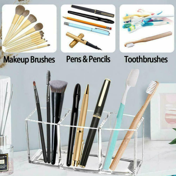 Makeup Brush Holder Organizer 3-Slot Acrylic Cosmetic UK Storage Brushes Z7S6
