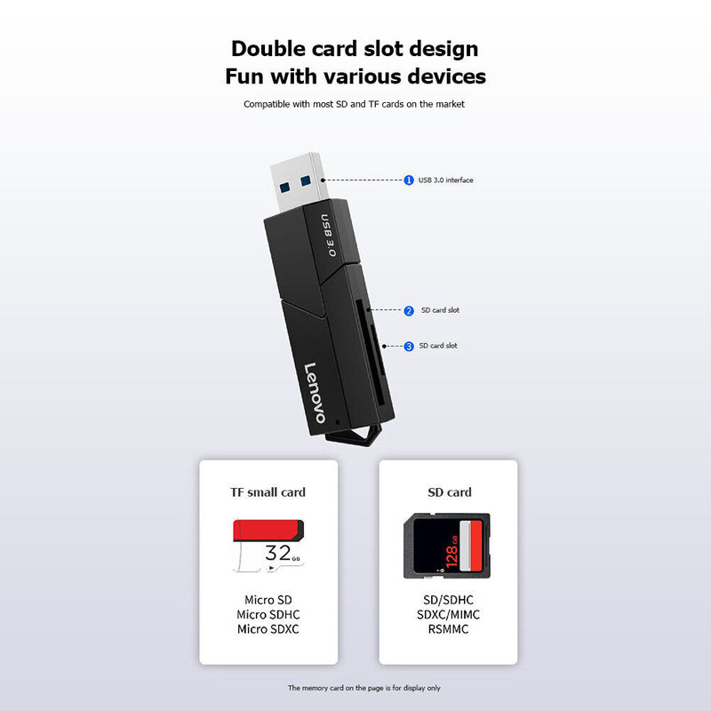 Lenovo D204 5Gbps USB 3.0 Memory Card Reader 2 in 1 SD TF Portable Adapter
