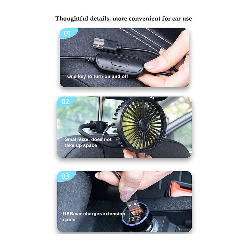 Back Seat Fan 3-speed Wind Adjustment Fan Blades USB Auto Cooling Wind 5 ABS Fan