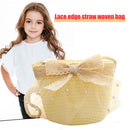 Summer Kids Girls Straw Shoulder Bag Lace Bow Beach Hat Coin Purse (White)