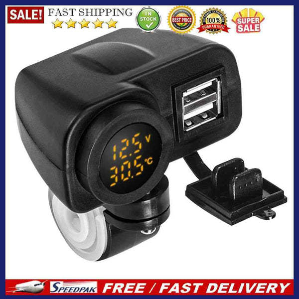 Waterproof Motorcycle Handlebar Dual USB Charger w/ Voltage Temperature Dis
