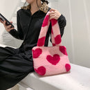 Women Love Heart Print Plush Shoulder Bag Fashion Winter Large Capacity Handbags