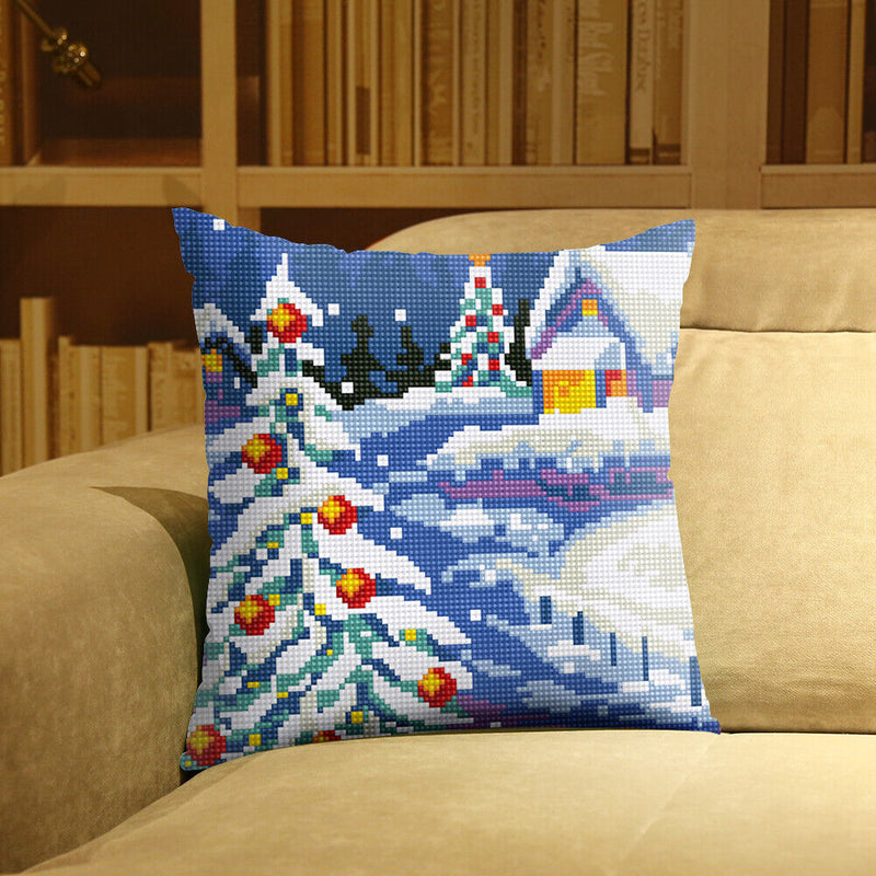 Snow Scene Stamped DIY Cross Stitch Throw Pillowcase 6CT Kit for Car Office Sofa
