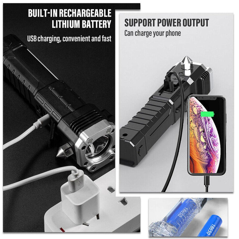 Super Bright LED Torch With Safety Hammer Magnet Side Light Camping Flashlight`