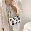 Women Chain Underarm Shoulder Bag Canvas Flower Print Handbags Tote (Black)