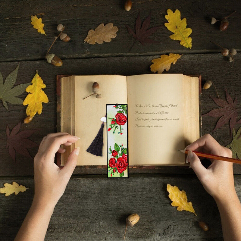 Tassel Red Flowers Leather DIY Special Shape Diamond Painting Bookmark Art Craft