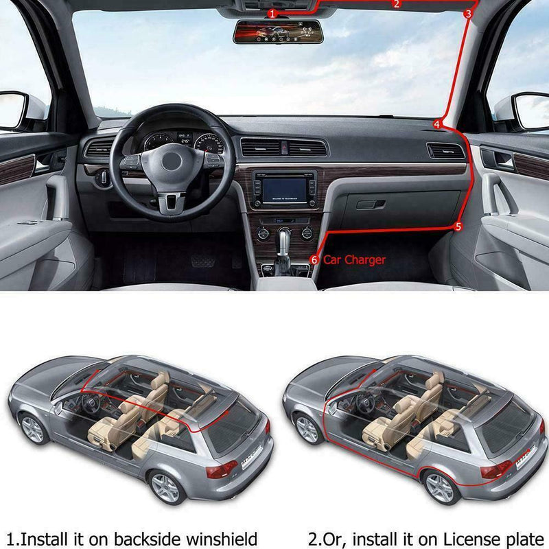 10" 1080P Dual Lens Car DVR Dash Cam Front and Rear Video Recorder Mirror D4B7