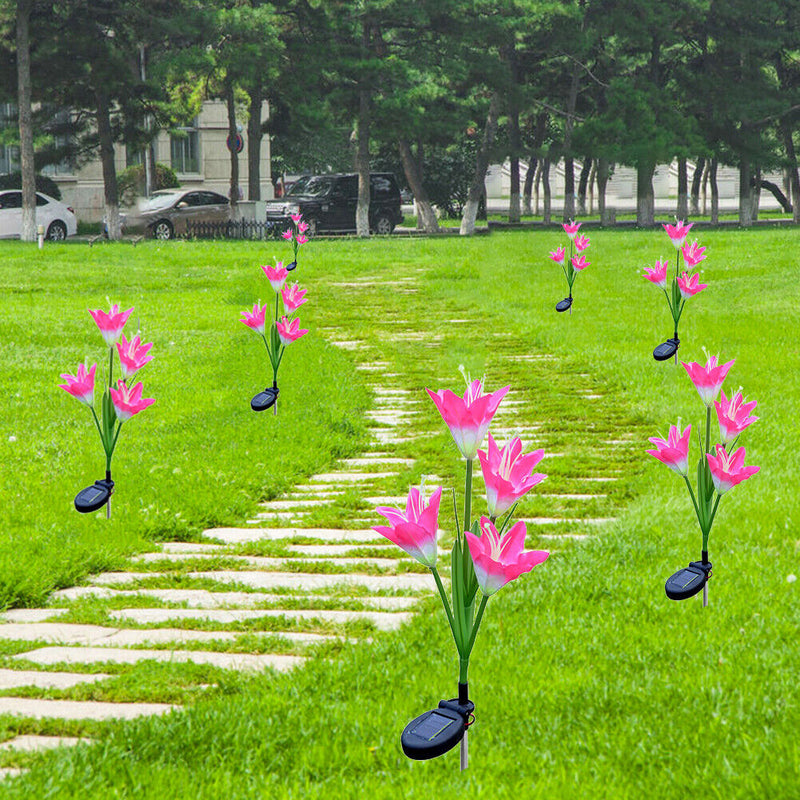 4 Head Lily Flower Solar Light Colorful LED Lawn Lamp Outdoor Light (Red) Newly