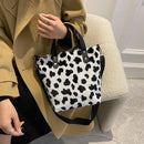 Women Soft Warm Plush Cow Pattern Handbags Female Travel Fluffy Underarm Bags