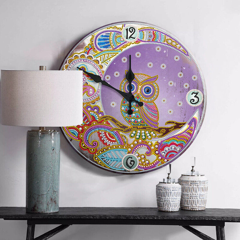 30 x 30cm Metal Tin Diamond Painting Clock DIY Owl Rhinestone Picture Wall Decor