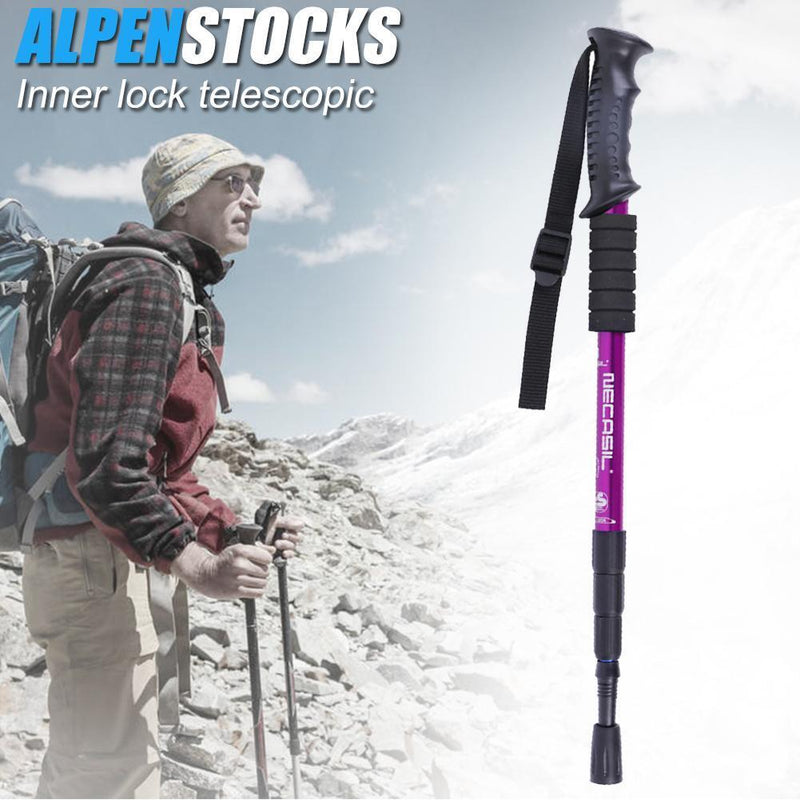 Trekking Pole 4 Sections Aluminum Telescopic Hiking Walking Cane (Purple) Newly