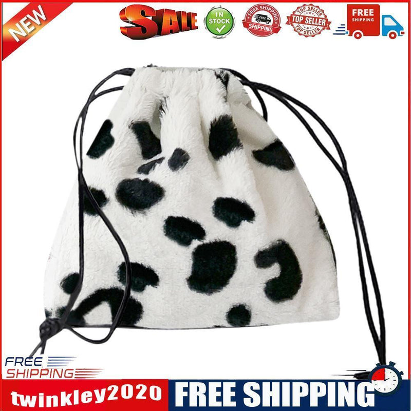 Women Plush Crossbody Bag Cow Milk Print Shoulder Drawstring Mini Handbags