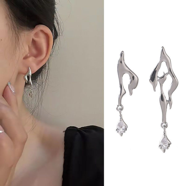 Woman Man Asymmetrical Irregular Cool Zircon Geometric Liquid Metal Earrings