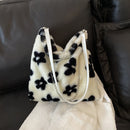 Women Fashion Flower Bear Print Chain Handbags Autumn Winter Plush Shoulder Bag