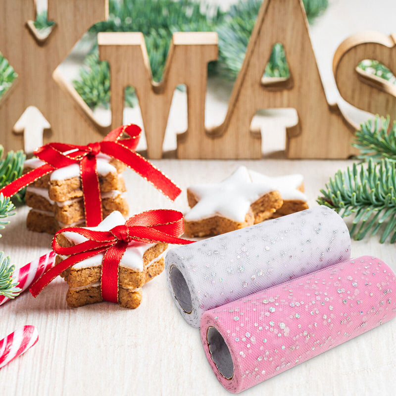 Glitter Tulle Rolls - 2 Rolls Sparkling Sequins Tulle Spool (White + Pink)