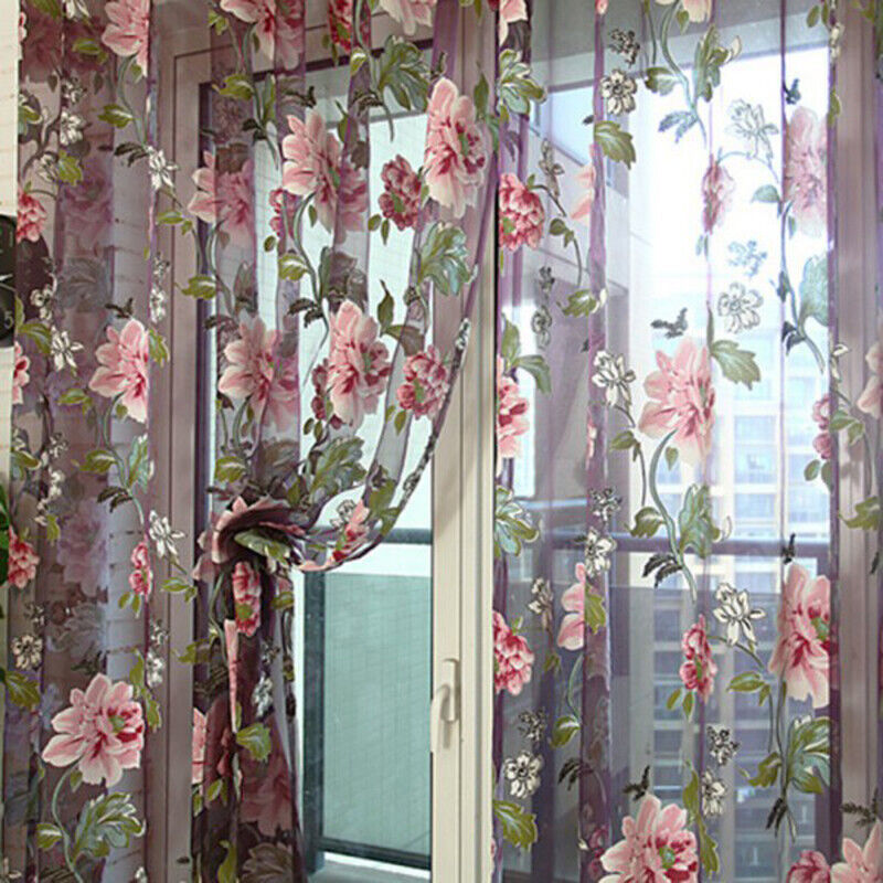 Window Curtain Flower Print Sheer Pattern Voile Valances Wine 100x250cm
