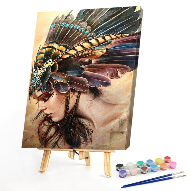 Girl with Feathers Oil Paint By Numbers DIY Handpainted on Canvas Wall Art