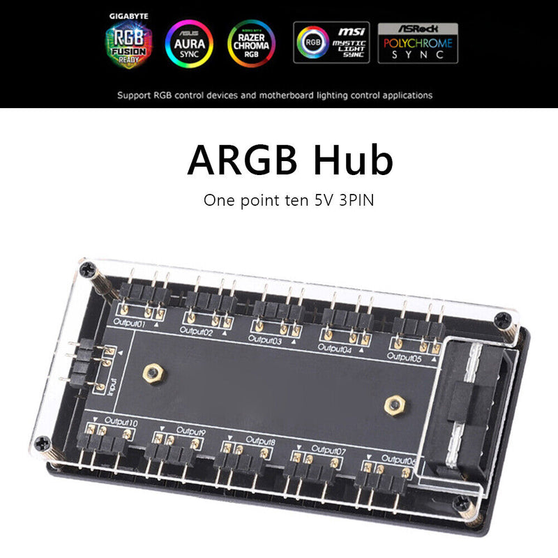 Desktop Computer ARGB Fan Hub Case+Cable 5V 3PIN PC RGB Cooler Splitter Set