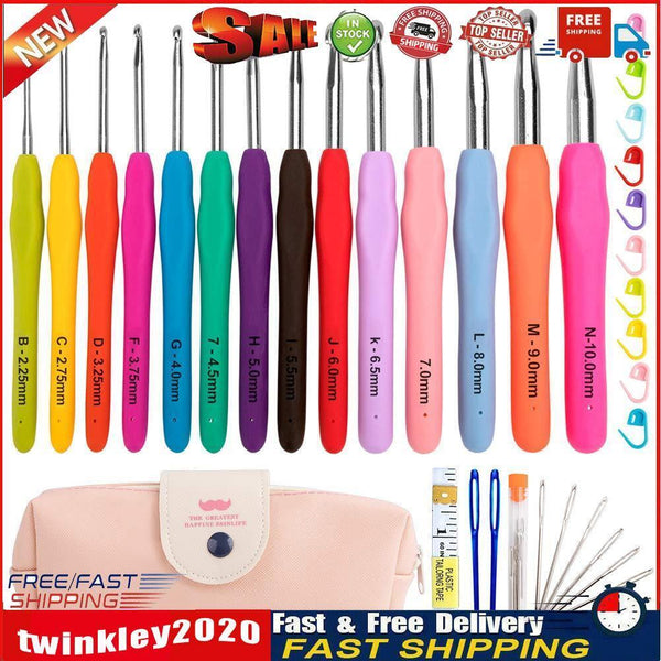 14pcs Aluminum Crochet Set Soft Handles Knitting Needles Kit Weaving Tools Newly