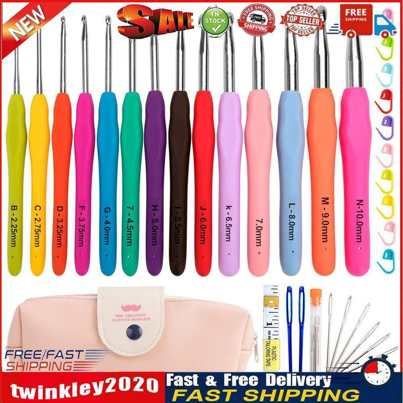14pcs Aluminum Crochet Set Soft Handles Knitting Needles Kit Weaving Tools Newly