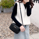 Women PU Leather Thread Crossbody Bag Diamond Lattice Messenger Bag (Black)